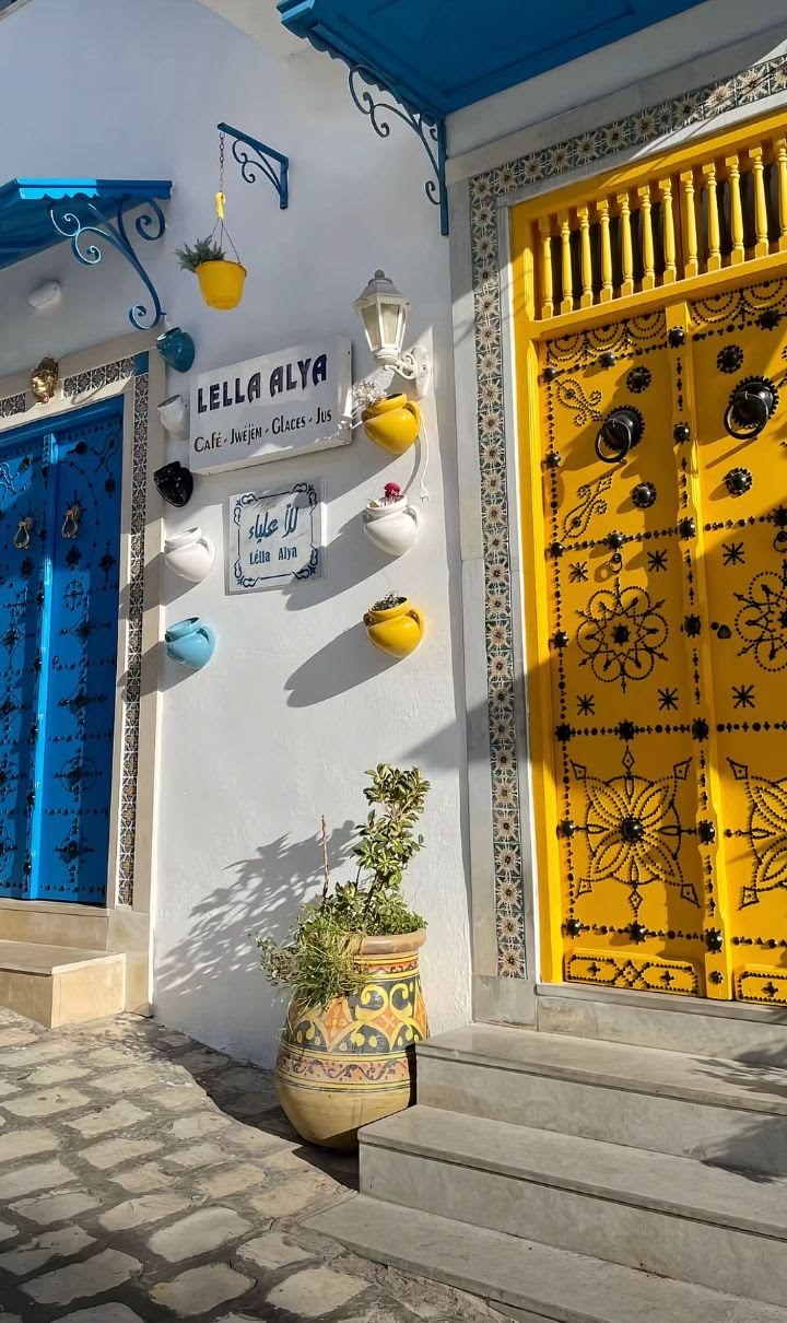 Traditional studded doors, blue and yellow